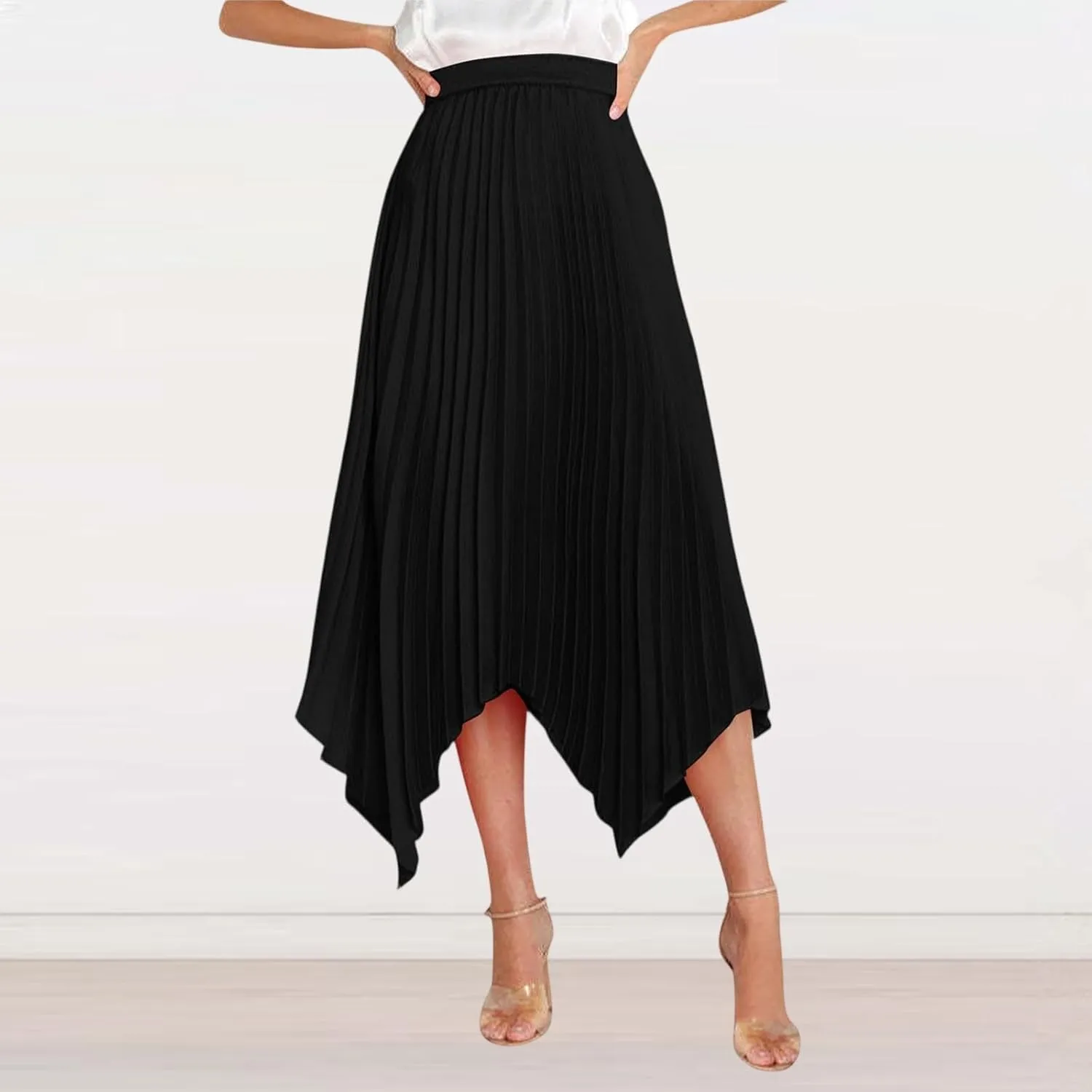 Pleated Skirts for Women Summer Casual Flowy Satin Asymmetrical Elastic High Waisted Cocktail Work A Line Midi Skirts