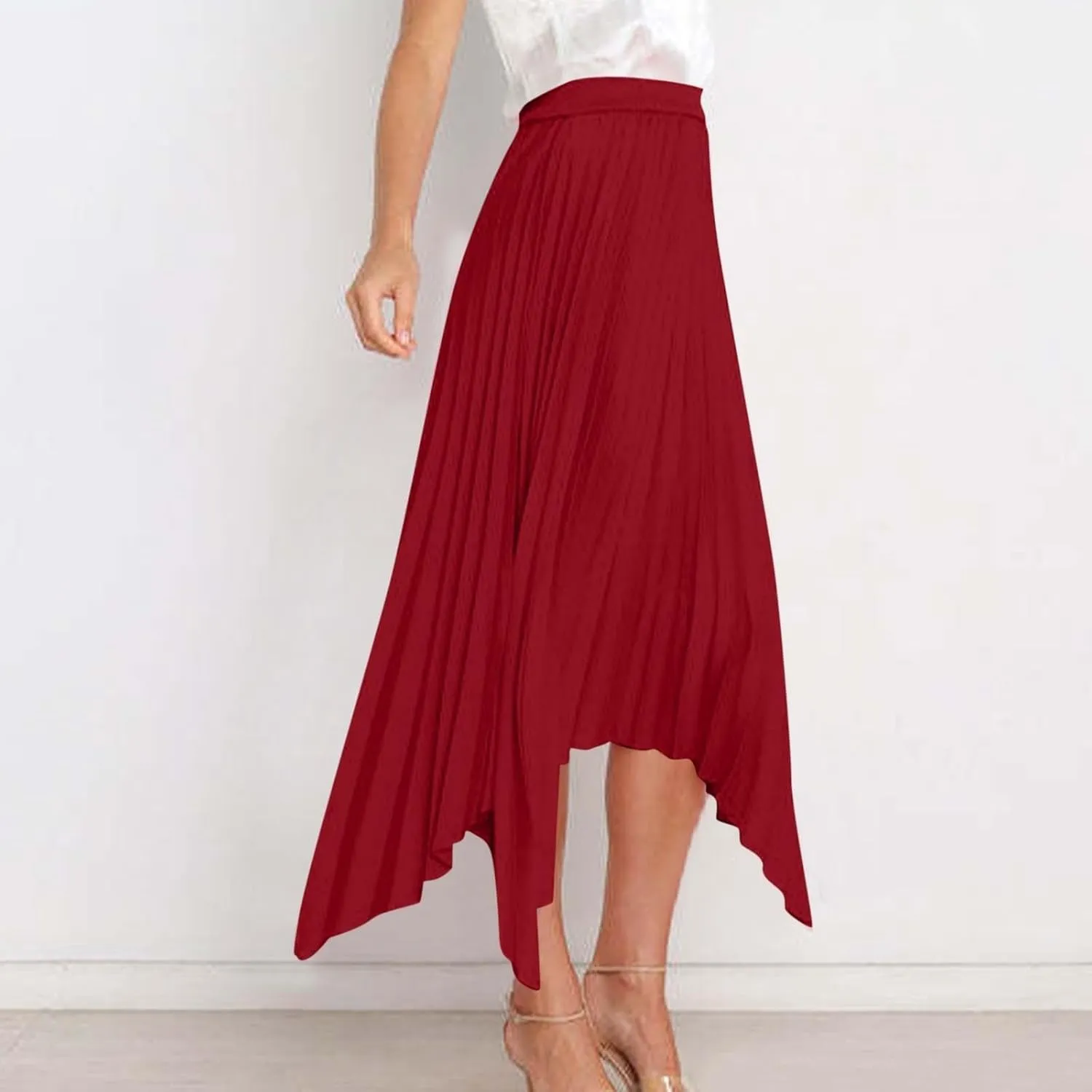 Pleated Skirts for Women Summer Casual Flowy Satin Asymmetrical Elastic High Waisted Cocktail Work A Line Midi Skirts