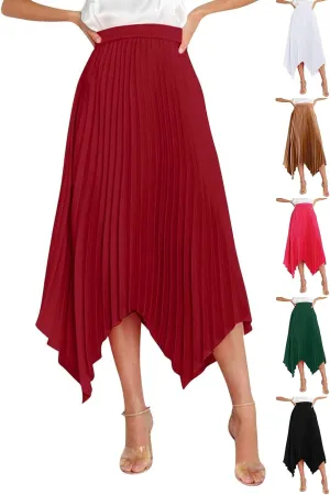 Pleated Skirts for Women Summer Casual Flowy Satin Asymmetrical Elastic High Waisted Cocktail Work A Line Midi Skirts