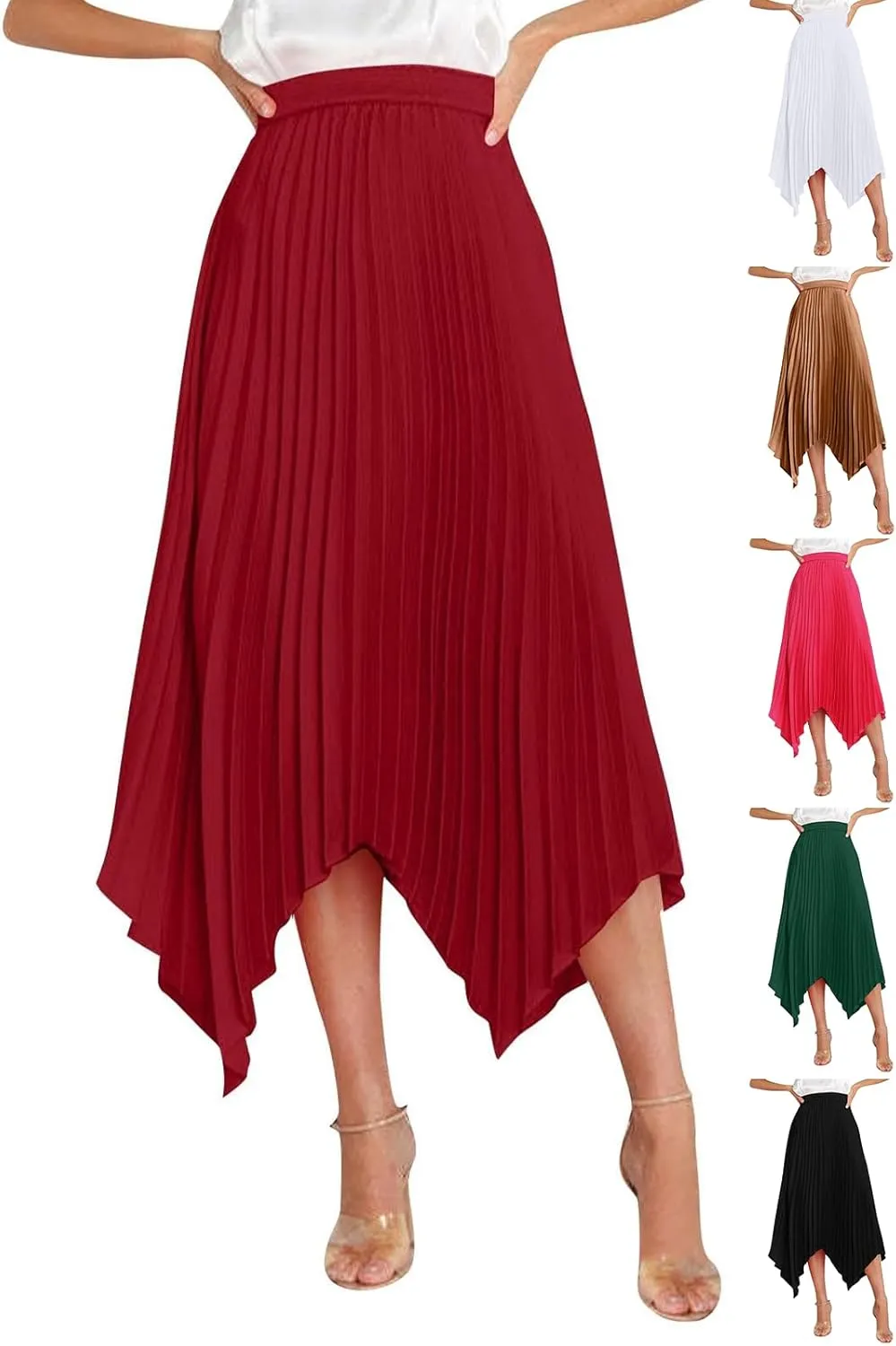 Pleated Skirts for Women Summer Casual Flowy Satin Asymmetrical Elastic High Waisted Cocktail Work A Line Midi Skirts