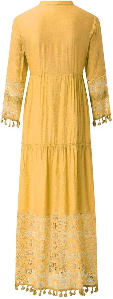 Plus Size Boho Beach Dresses for Women Summer Casual Lace Hollow Out V Neck 3/4 Sleeve Loose Flowy Maxi Dress