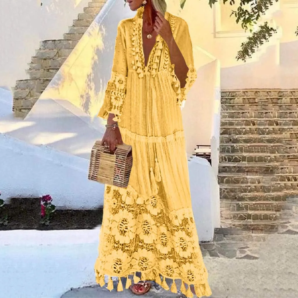 Plus Size Boho Beach Dresses for Women Summer Casual Lace Hollow Out V Neck 3/4 Sleeve Loose Flowy Maxi Dress