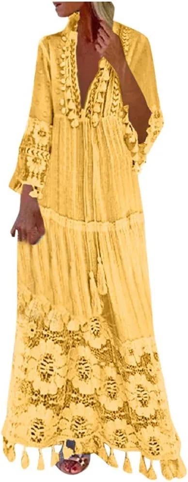 Plus Size Boho Beach Dresses for Women Summer Casual Lace Hollow Out V Neck 3/4 Sleeve Loose Flowy Maxi Dress
