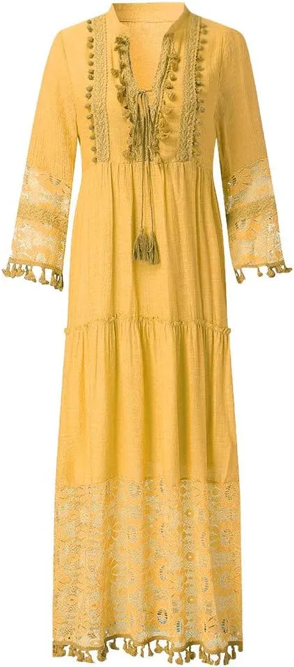 Plus Size Boho Beach Dresses for Women Summer Casual Lace Hollow Out V Neck 3/4 Sleeve Loose Flowy Maxi Dress