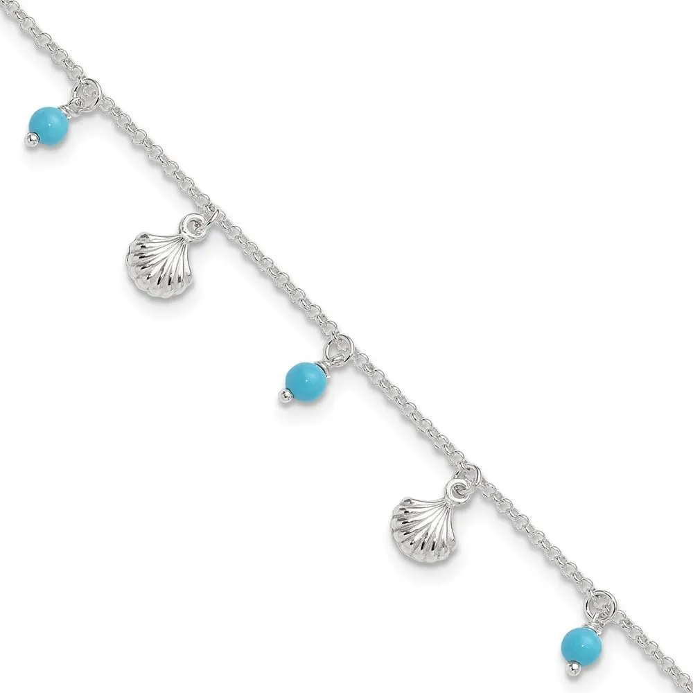 Real 925 Sterling Silver Shell and Turquoise 1in Extension Anklet 9"