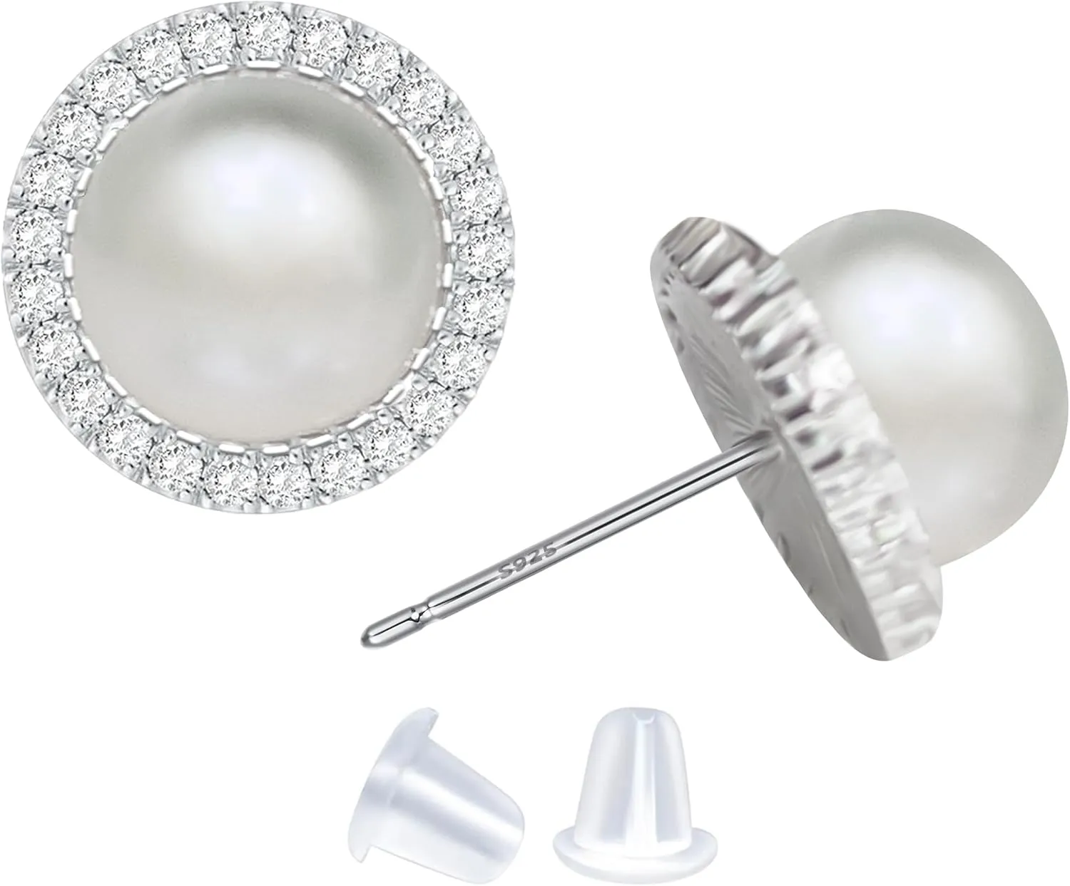 Real Pearl 925 Sterling Silver 9MM Cultured Freshwater Pearl Stud Earrings with Cubic Zirconia for Women, Handpicked Jewelry Gifts for Her