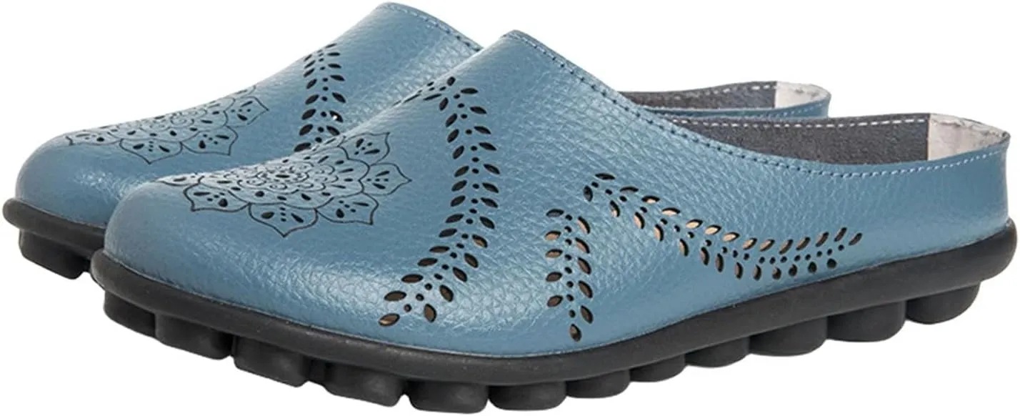 Retro Hollow Out Soft Leather for Women Shoes Breathable Flats Round Toe Slip on Lightweight Comfortable Casual All Match Fashion Summer Walking Slippers