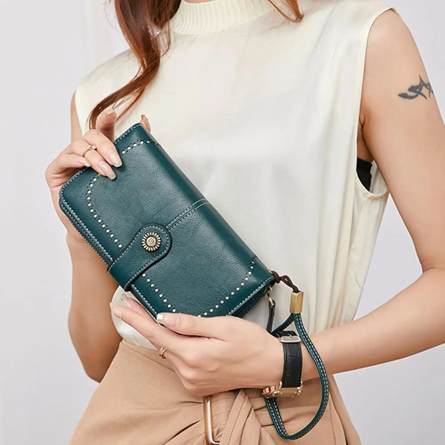 Rfid Wallet Women, Leather Wristlet Wallets, Rfid Blocking Zip Around Bifold Large Capacity Clutch Purses Credit Card Holder
