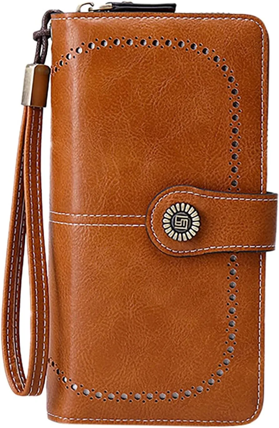 Rfid Wallet Women,Leather Wallet Wristlet for Women,Bifold Zip Around Rfid Blocking Large Capacity Clutch Purses Credit Card Wallet,Travel Wallet for Mom Ladies Girls Women
