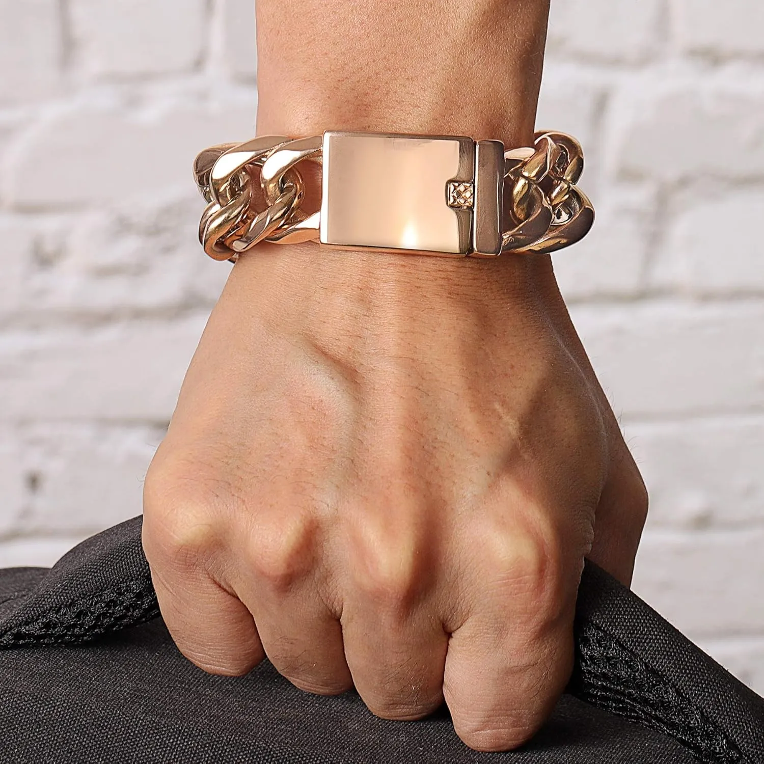 ROWIN&CO Heavy Mens 25mm Wide Stainless Steel Curb Cuban Link Chain Bracelet, Hip Hop Urban Streetwear Jewelry, 9" Wrist Chain, Available in Rainbow/Blue/Rose Gold/Black Chains