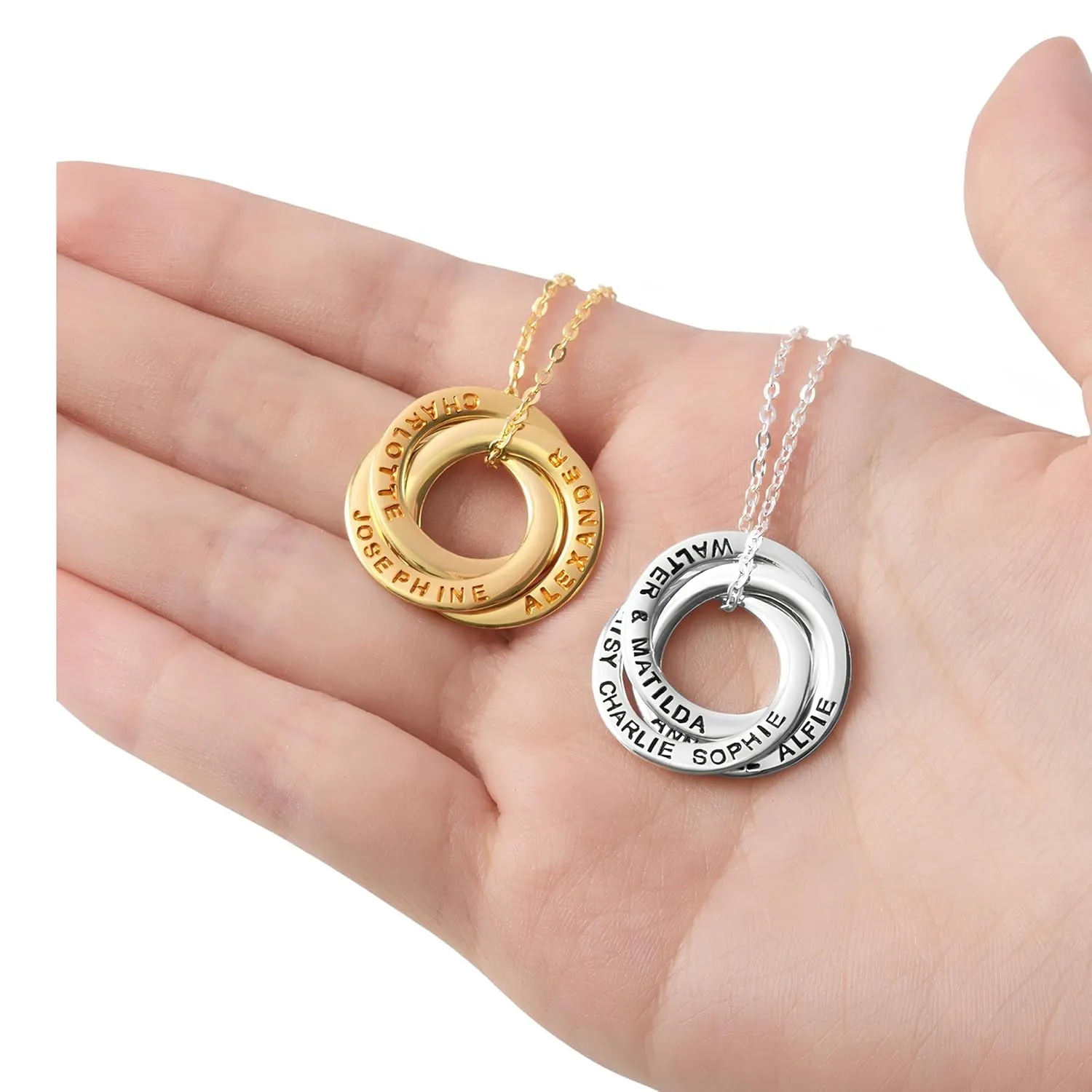 Russian Ring Necklace: Personalized Russian Ring Name Necklace 2 3 4 Rings, Engraved Interlocking Pendant, Custom Mother Necklace
