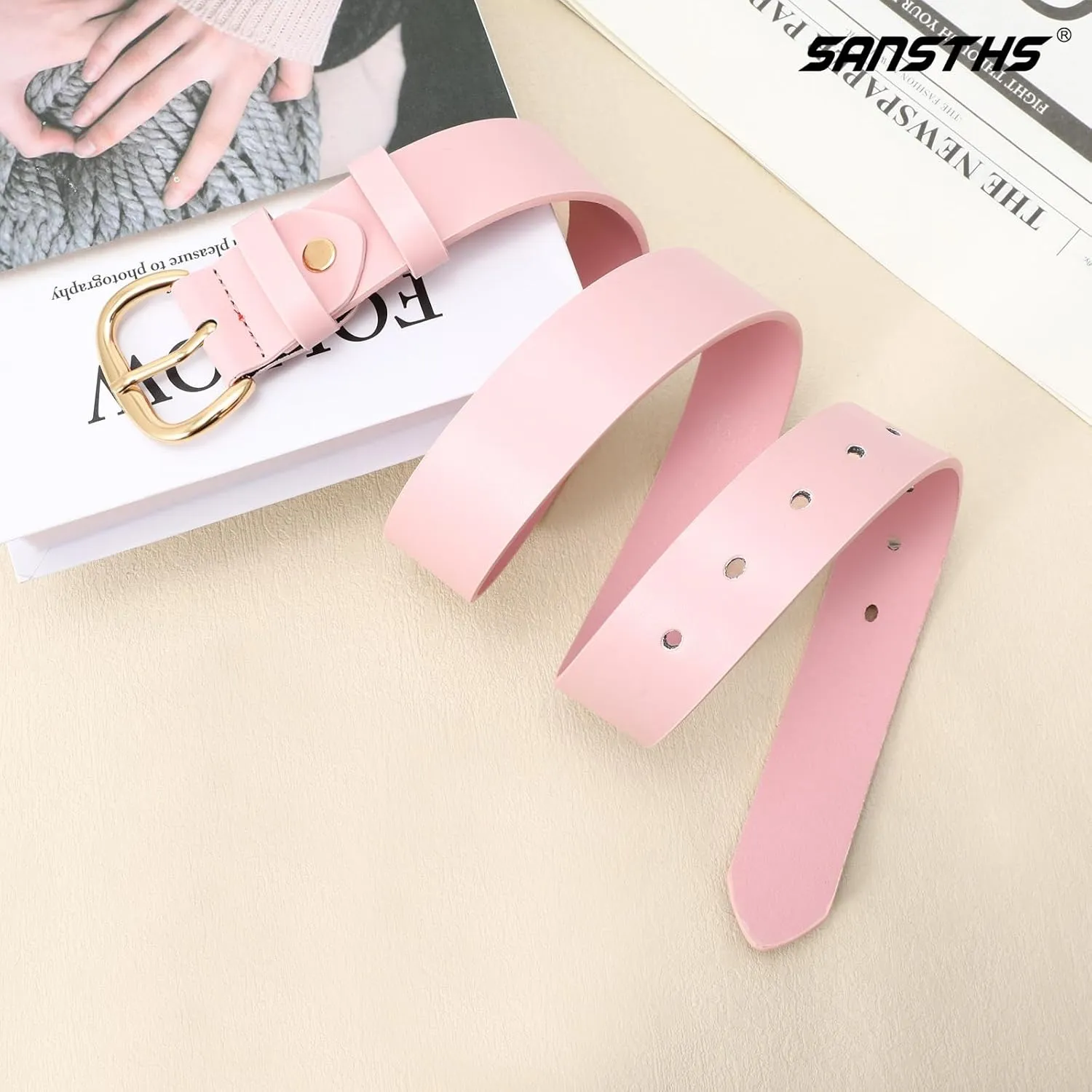 SANSTHS Women Leather Belt for Jeans Pants Dresses Black Ladies Waist Belt with Black Buckle