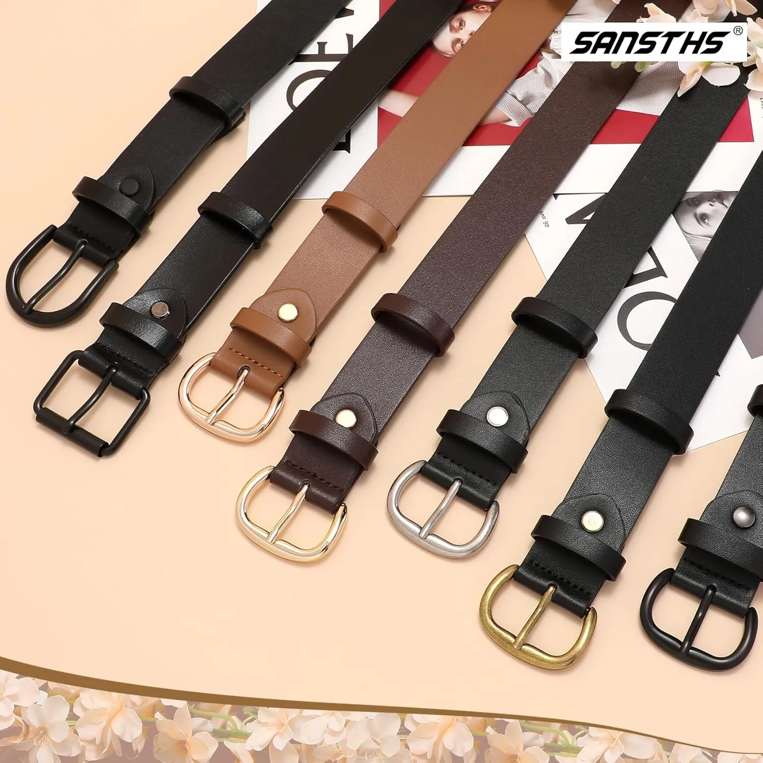 SANSTHS Women Leather Belt for Jeans Pants Dresses Black Ladies Waist Belt with Black Buckle