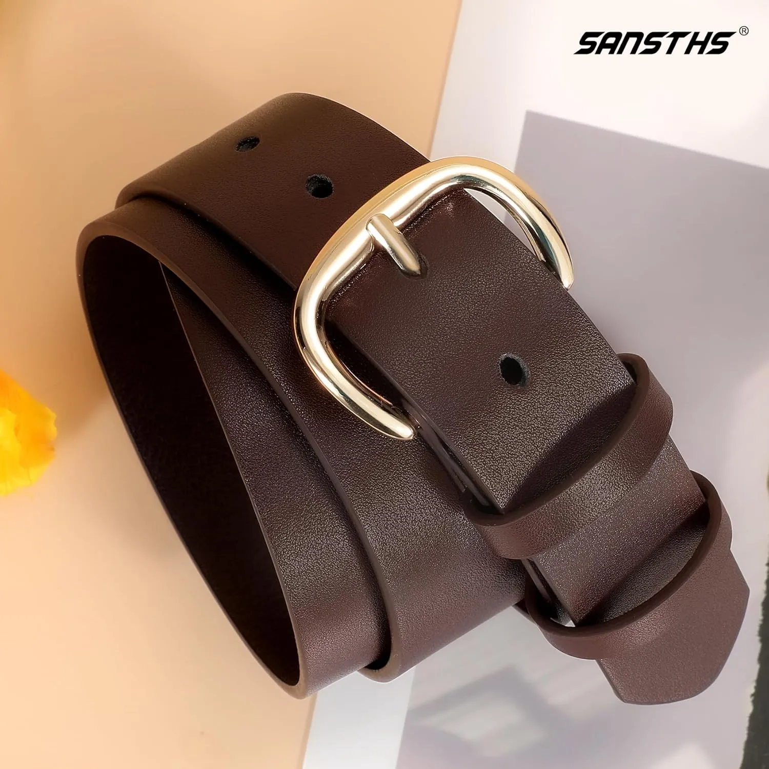SANSTHS Women Leather Belt for Jeans Pants Dresses Black Ladies Waist Belt with Black Buckle
