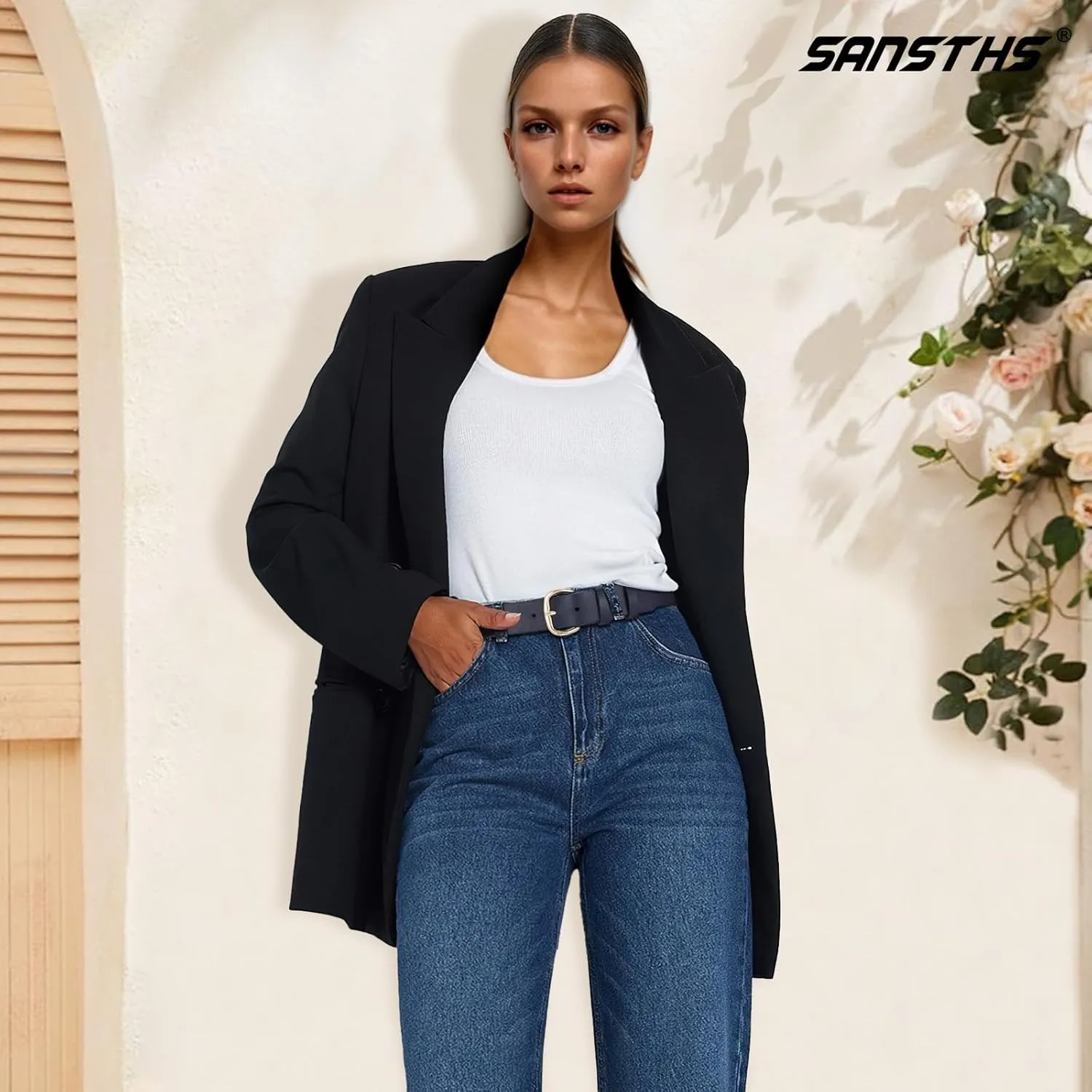 SANSTHS Women Leather Belt for Jeans Pants Dresses Black Ladies Waist Belt with Black Buckle