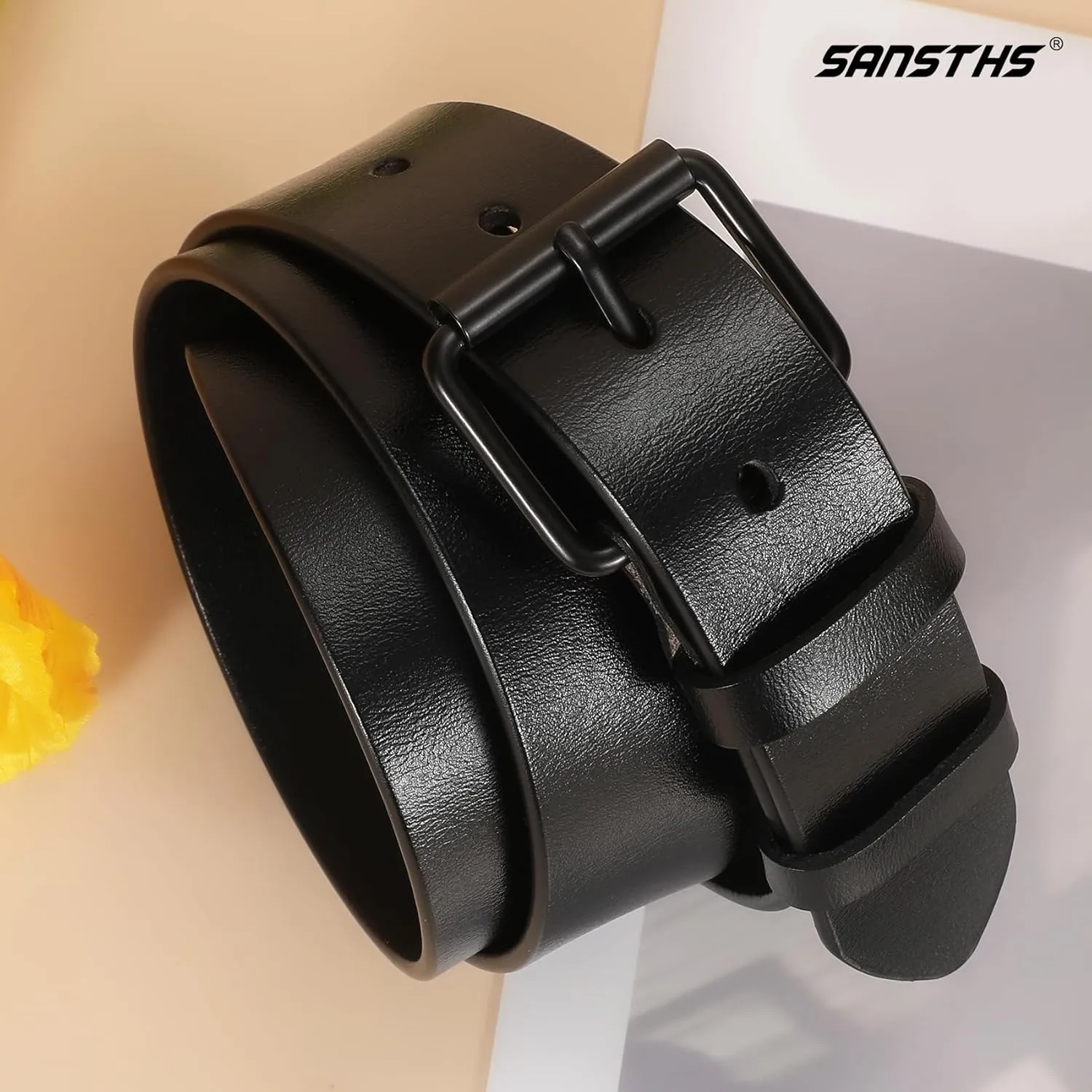 SANSTHS Women Leather Belt for Jeans Pants Dresses Black Ladies Waist Belt with Black Buckle