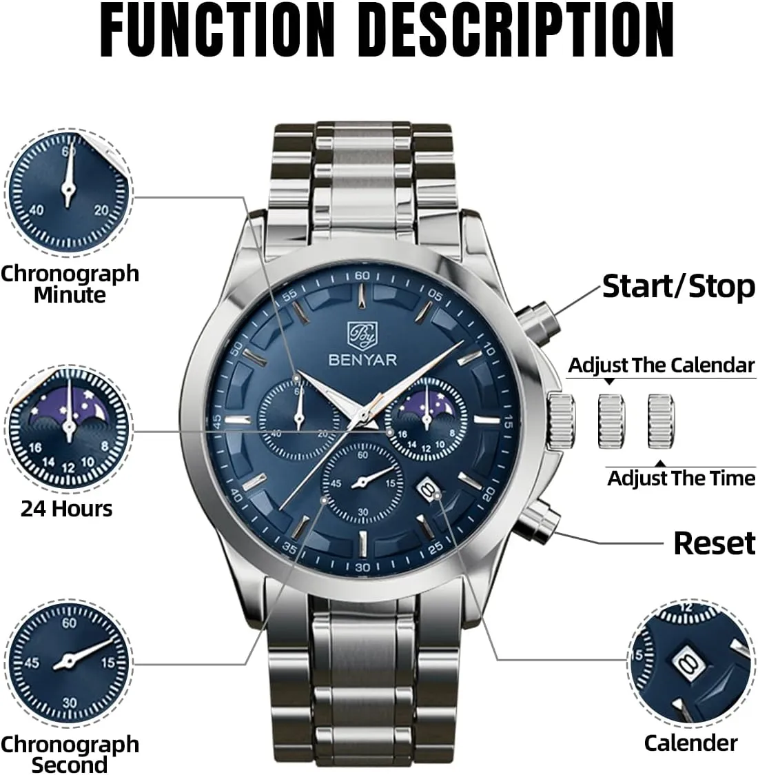 SAPPHERO Men's Watches Stainless Steel Chronograph Waterproof Quartz-Business Casual Dress Watch for Men Luminous Date Gold/Silver/Black Design-Easy-to-Read Luxury Dial-Leather Unique Elegant Gift
