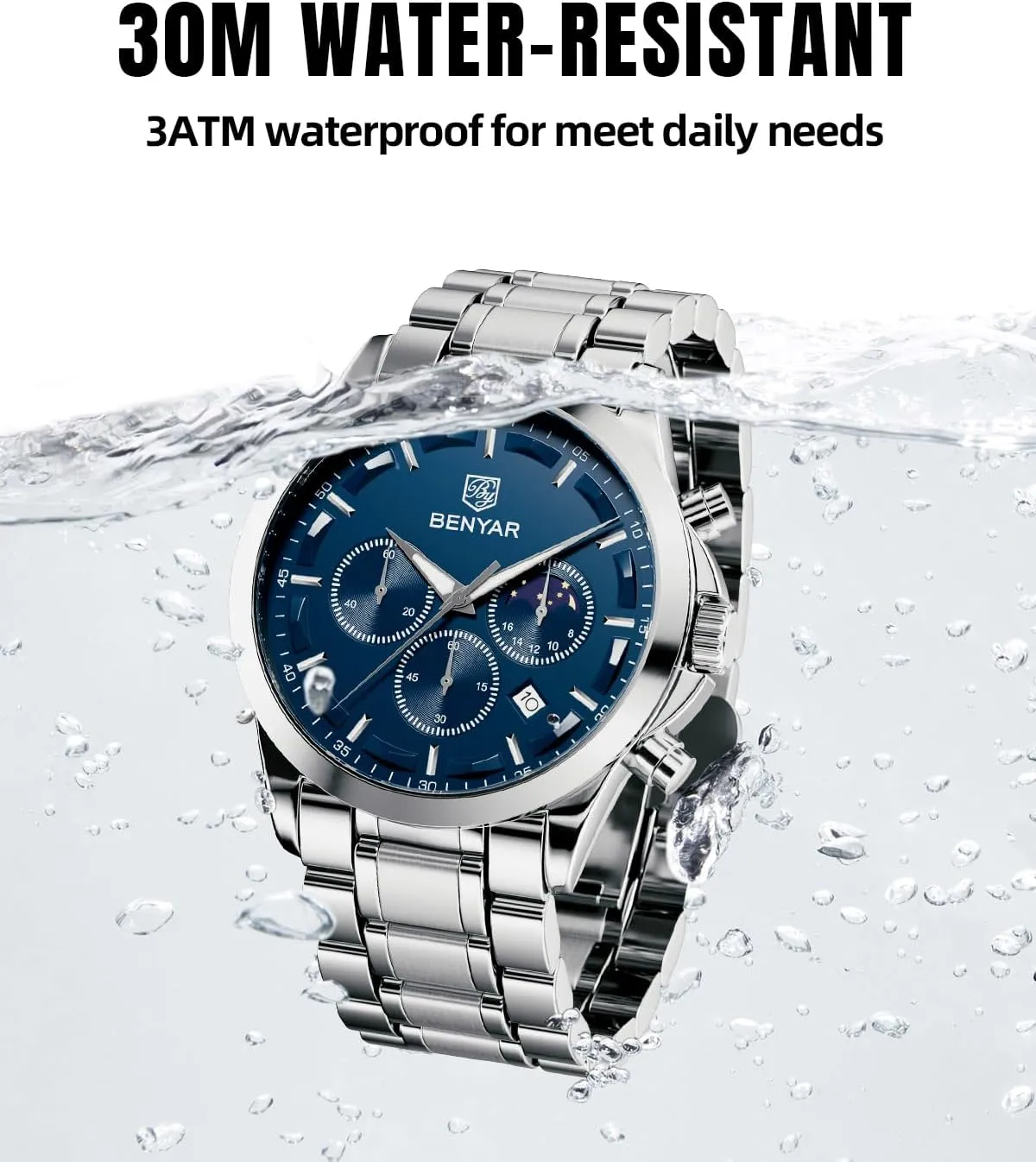 SAPPHERO Men's Watches Stainless Steel Chronograph Waterproof Quartz-Business Casual Dress Watch for Men Luminous Date Gold/Silver/Black Design-Easy-to-Read Luxury Dial-Leather Unique Elegant Gift