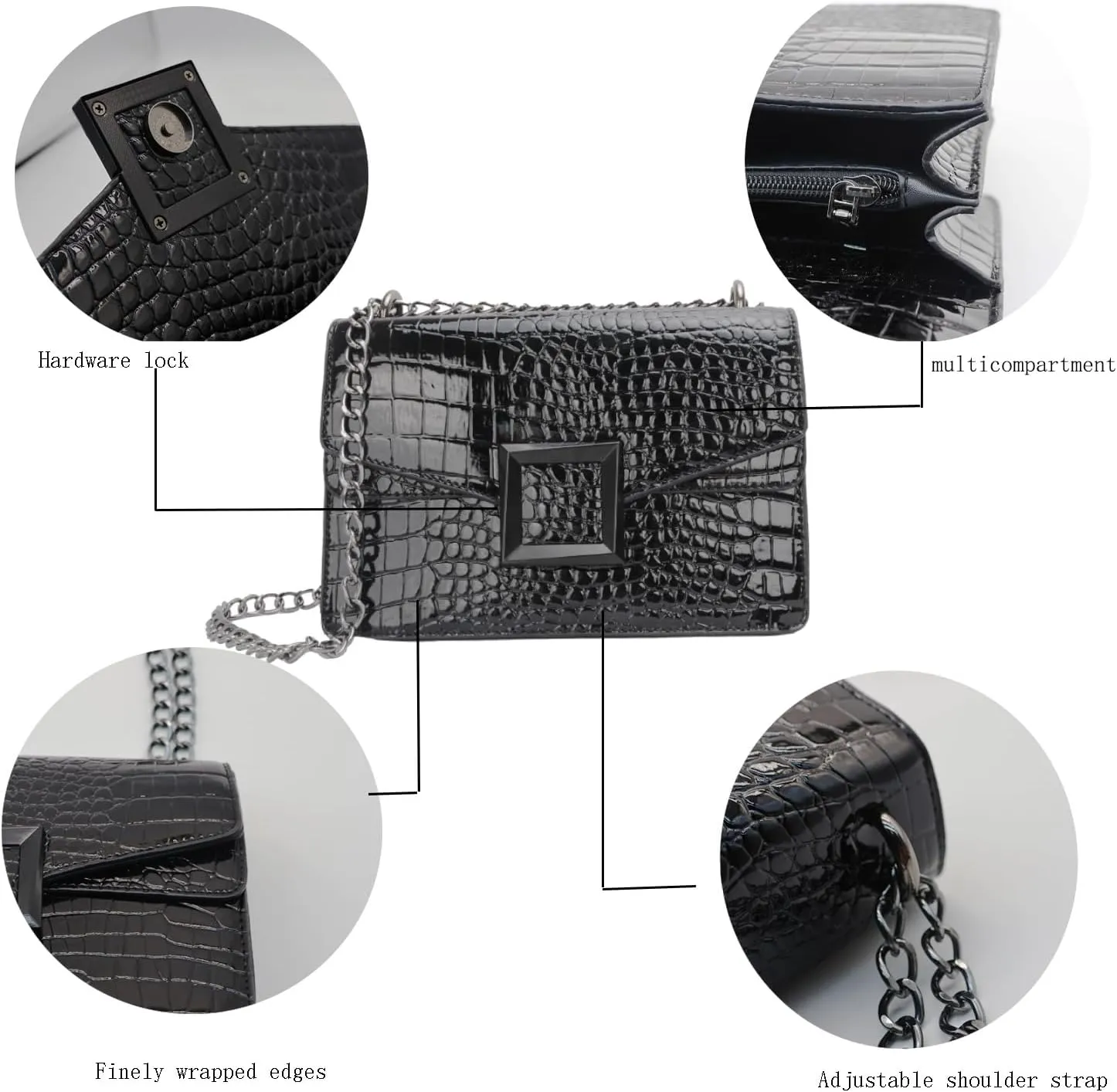 Satchel Crossbody Bag for Women - Crocodile Print Shoulder Purse Luxury PU Leather Handbags With Chain Straps