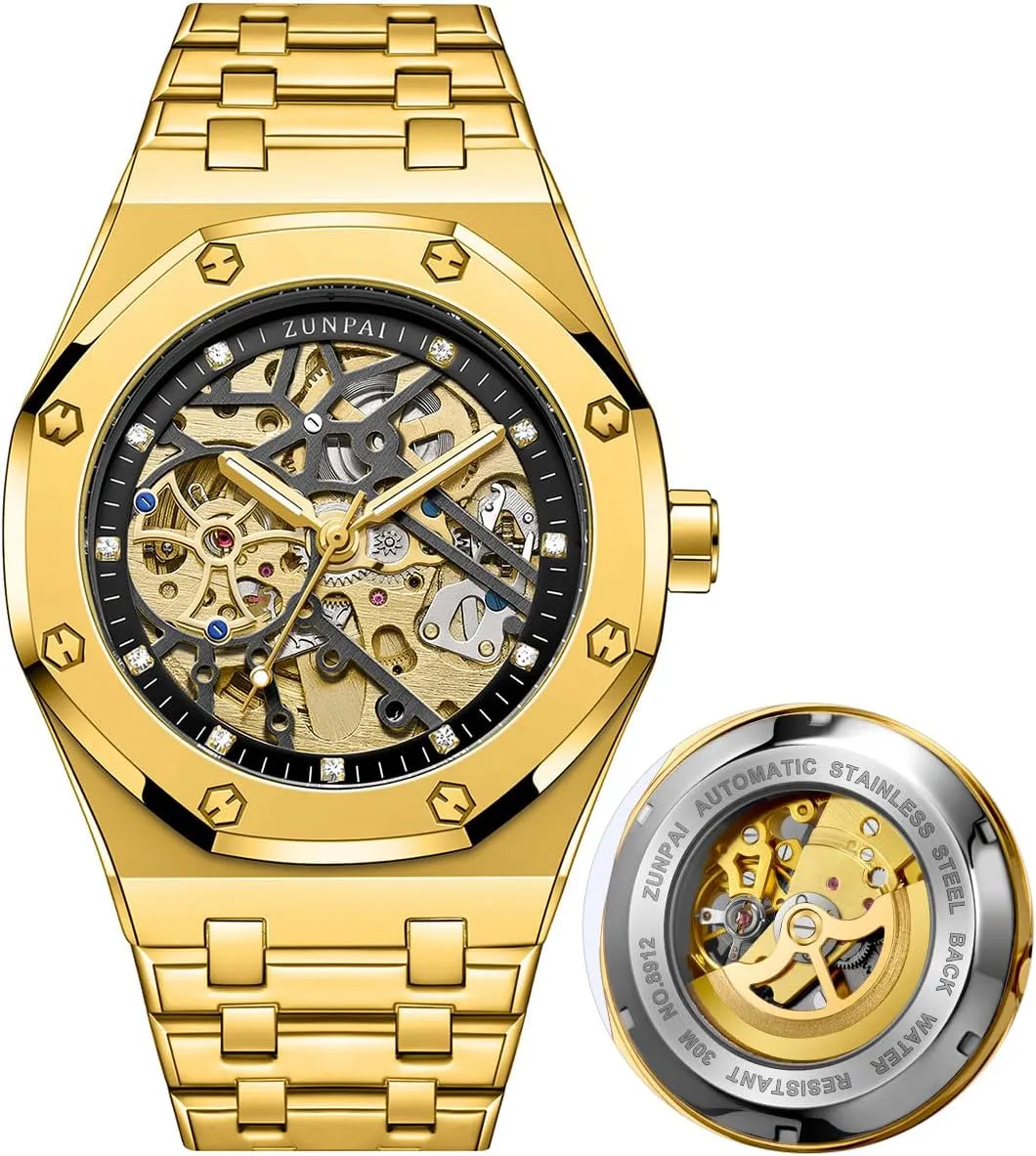 senstone Automatic Watches for Men Mechanical Movement Tourbillon Self-Winding Transparent Skeleton Fashion Gift Business Dress Wristwatch with Waterproof 41mm Luminous Dial Stainless Steel Band