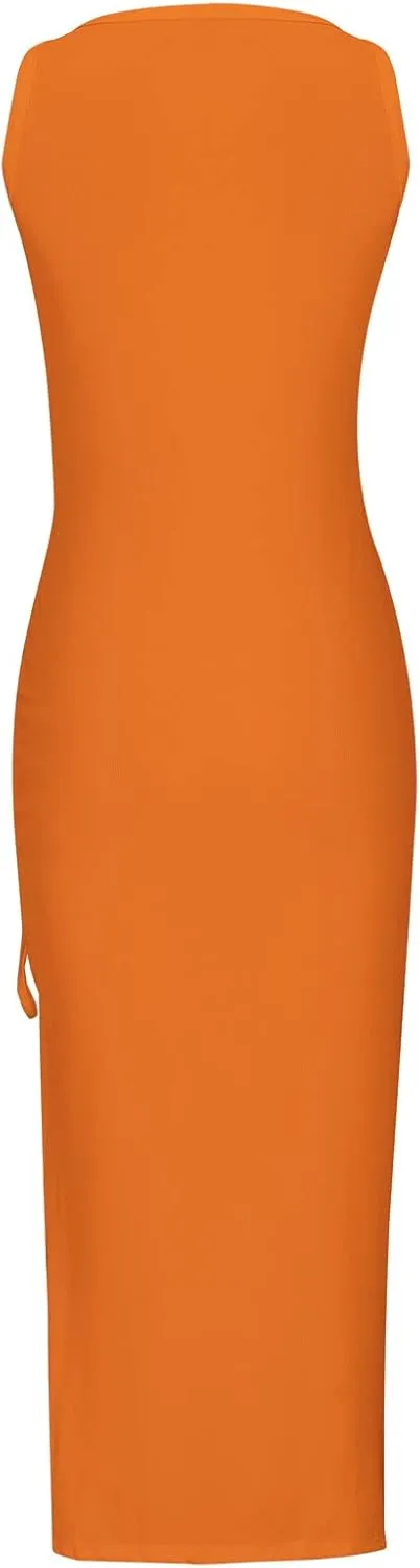 Sexy Sundresses for Women 2024 Summer Solid Maxi Dress Trendy Split Tank Dresses Slim Fit Drawstring Beach Clothes