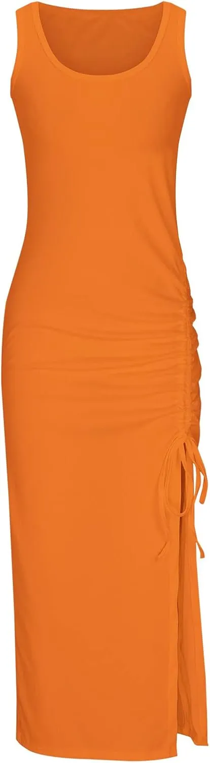 Sexy Sundresses for Women 2024 Summer Solid Maxi Dress Trendy Split Tank Dresses Slim Fit Drawstring Beach Clothes