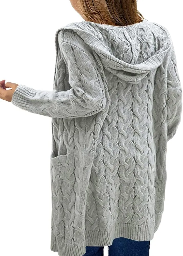 Shanfetl Girls Autumn Hooded Open Front Sweater Cardigan Cable Knitted Chunky Outfit Coat Hoodies