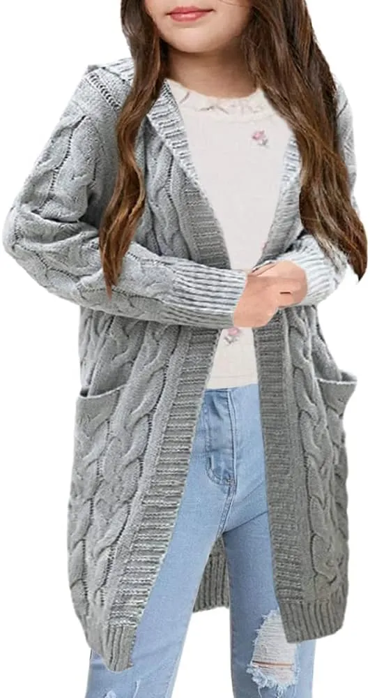 Shanfetl Girls Autumn Hooded Open Front Sweater Cardigan Cable Knitted Chunky Outfit Coat Hoodies