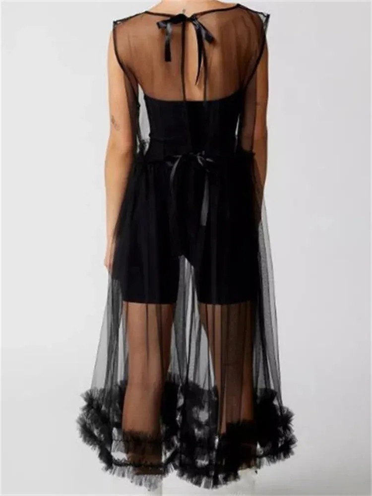 Sheer See-Through Solid Color Crew Neck Ruffles Sleeveless Midi Dress
