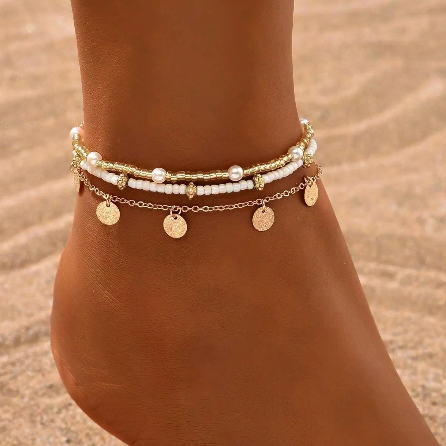 Shell Ankle Bracelet Set for Women, Gold Boho Bead Adjustable Anklet, Hawaiian Beach Seashell Pearl Heart Starfish Conch Foot Jewelry Gifts