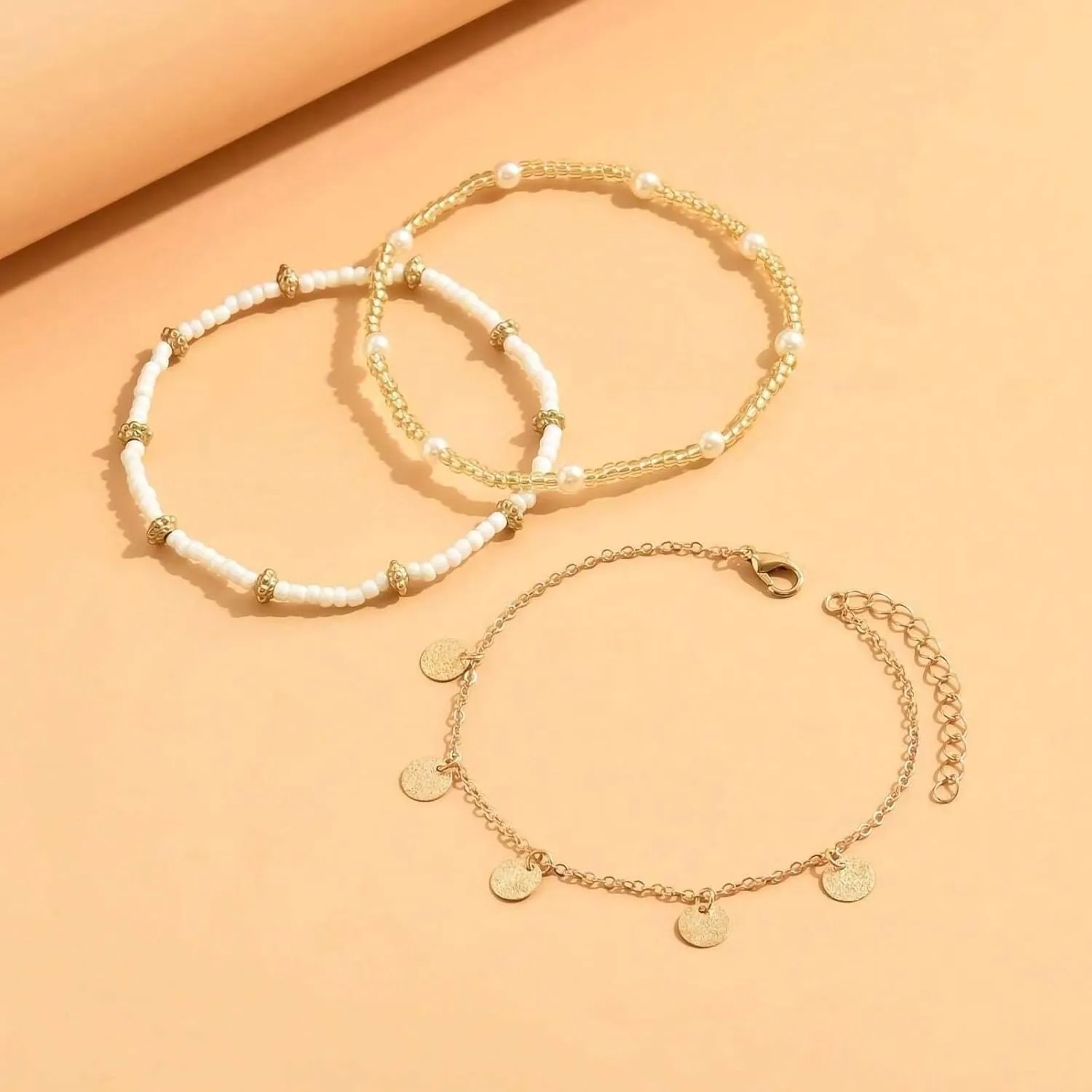 Shell Ankle Bracelet Set for Women, Gold Boho Bead Adjustable Anklet, Hawaiian Beach Seashell Pearl Heart Starfish Conch Foot Jewelry Gifts