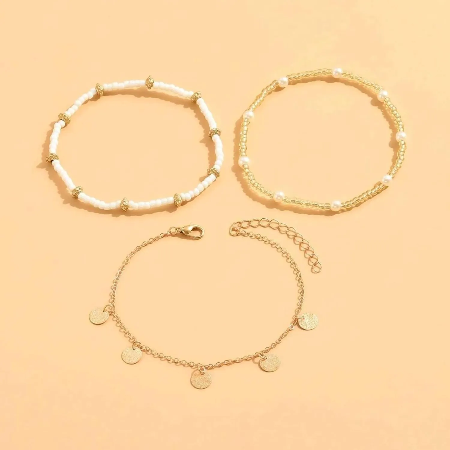 Shell Ankle Bracelet Set for Women, Gold Boho Bead Adjustable Anklet, Hawaiian Beach Seashell Pearl Heart Starfish Conch Foot Jewelry Gifts