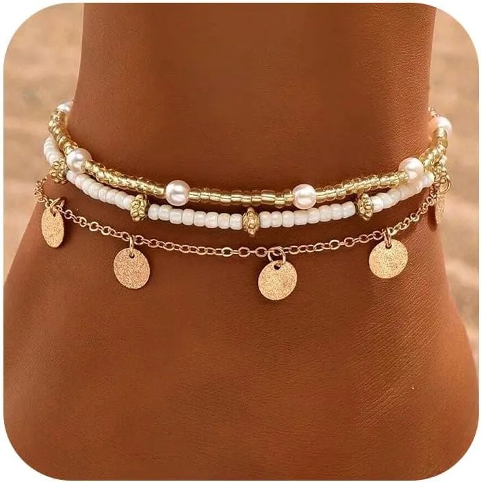 Shell Ankle Bracelet Set for Women, Gold Boho Bead Adjustable Anklet, Hawaiian Beach Seashell Pearl Heart Starfish Conch Foot Jewelry Gifts