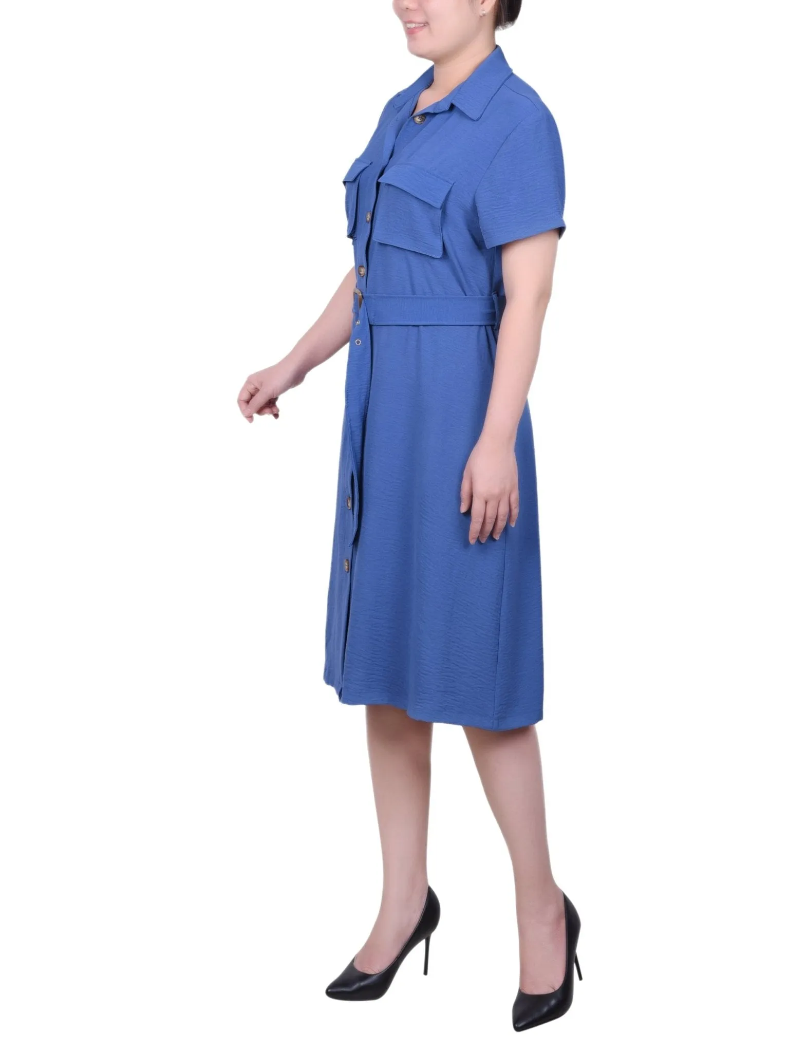 Short Sleeve Belted Shirtdress - Petite