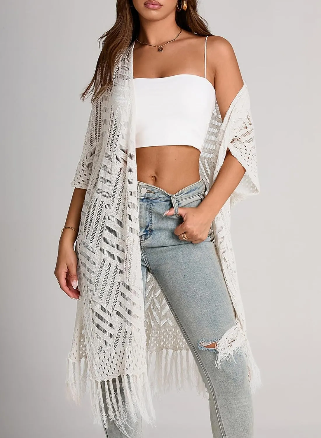 Sidefeel Women's Open Front Knit Sheer Cardigans Summer Boho Lightweight Kimono Cover Ups