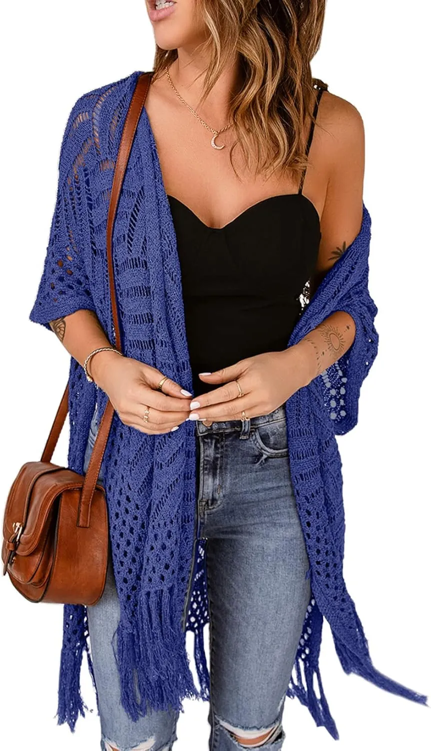 Sidefeel Women's Open Front Knit Sheer Cardigans Summer Boho Lightweight Kimono Cover Ups