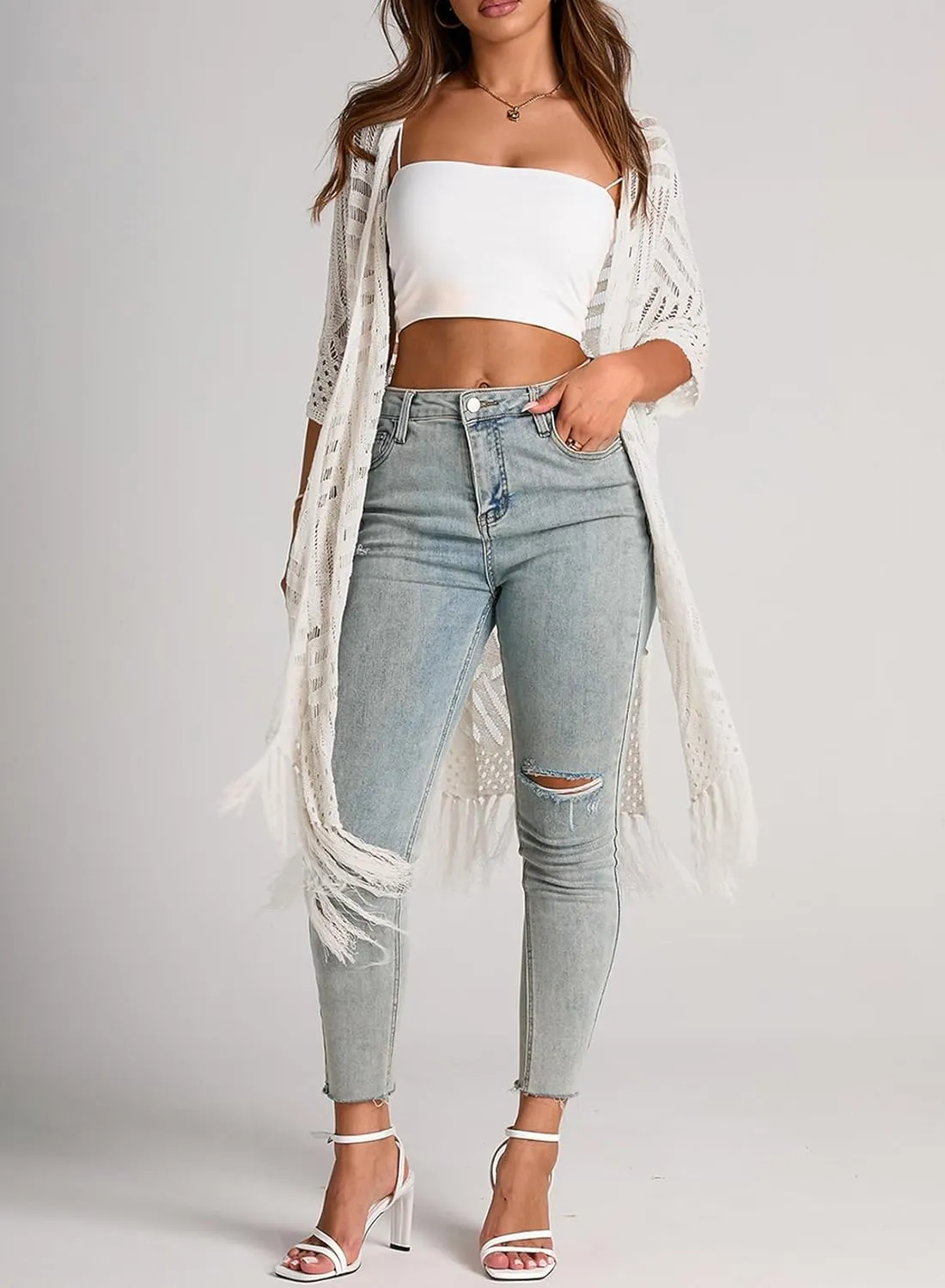 Sidefeel Women's Open Front Knit Sheer Cardigans Summer Boho Lightweight Kimono Cover Ups