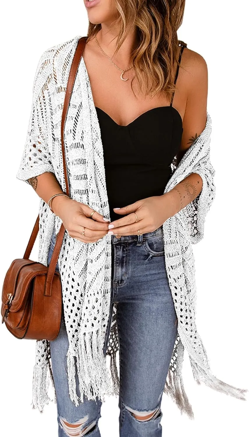 Sidefeel Women's Open Front Knit Sheer Cardigans Summer Boho Lightweight Kimono Cover Ups
