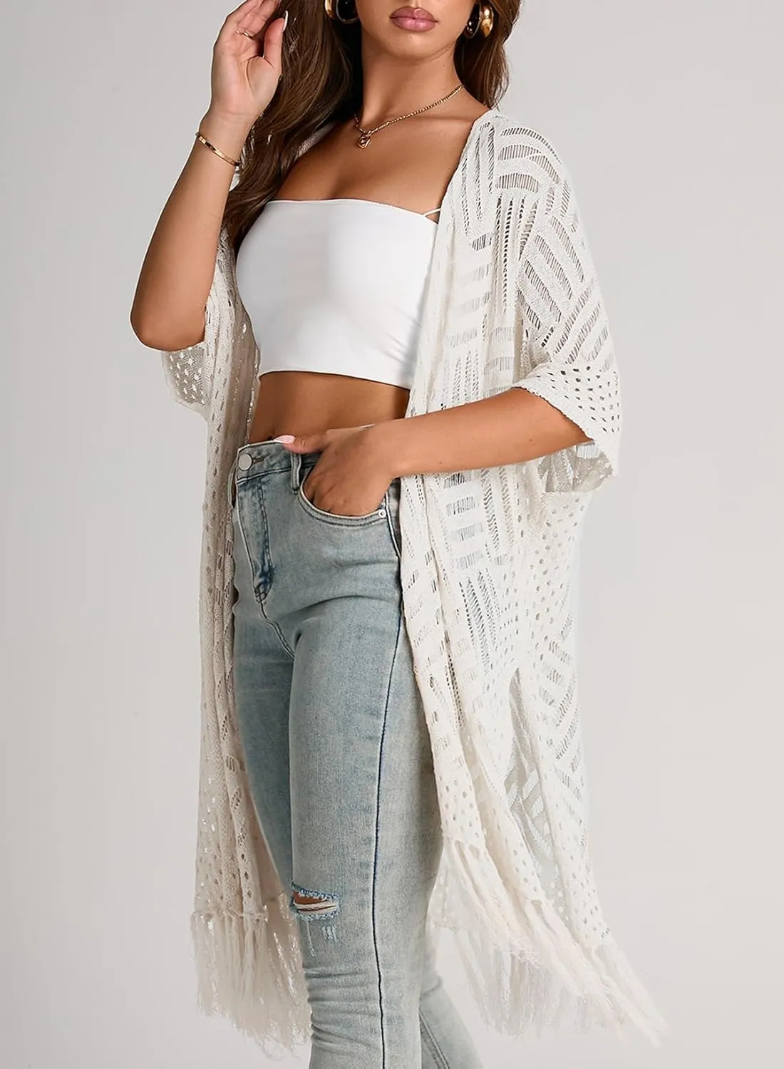 Sidefeel Women's Open Front Knit Sheer Cardigans Summer Boho Lightweight Kimono Cover Ups