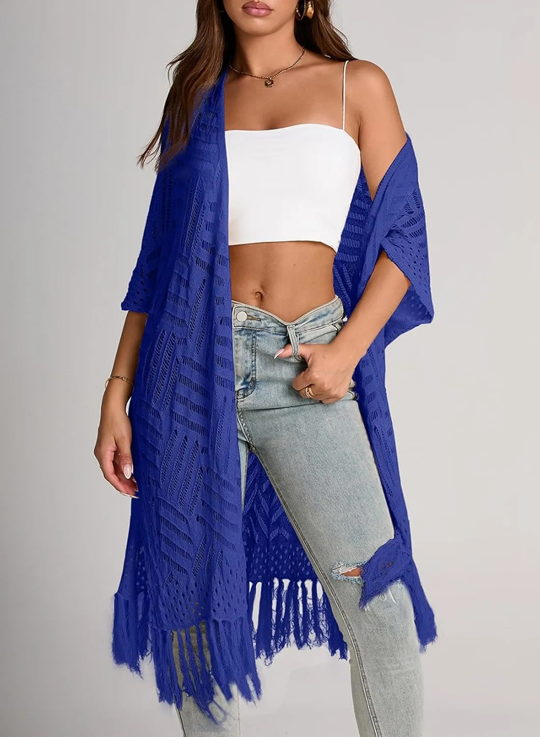Sidefeel Women's Open Front Knit Sheer Cardigans Summer Boho Lightweight Kimono Cover Ups