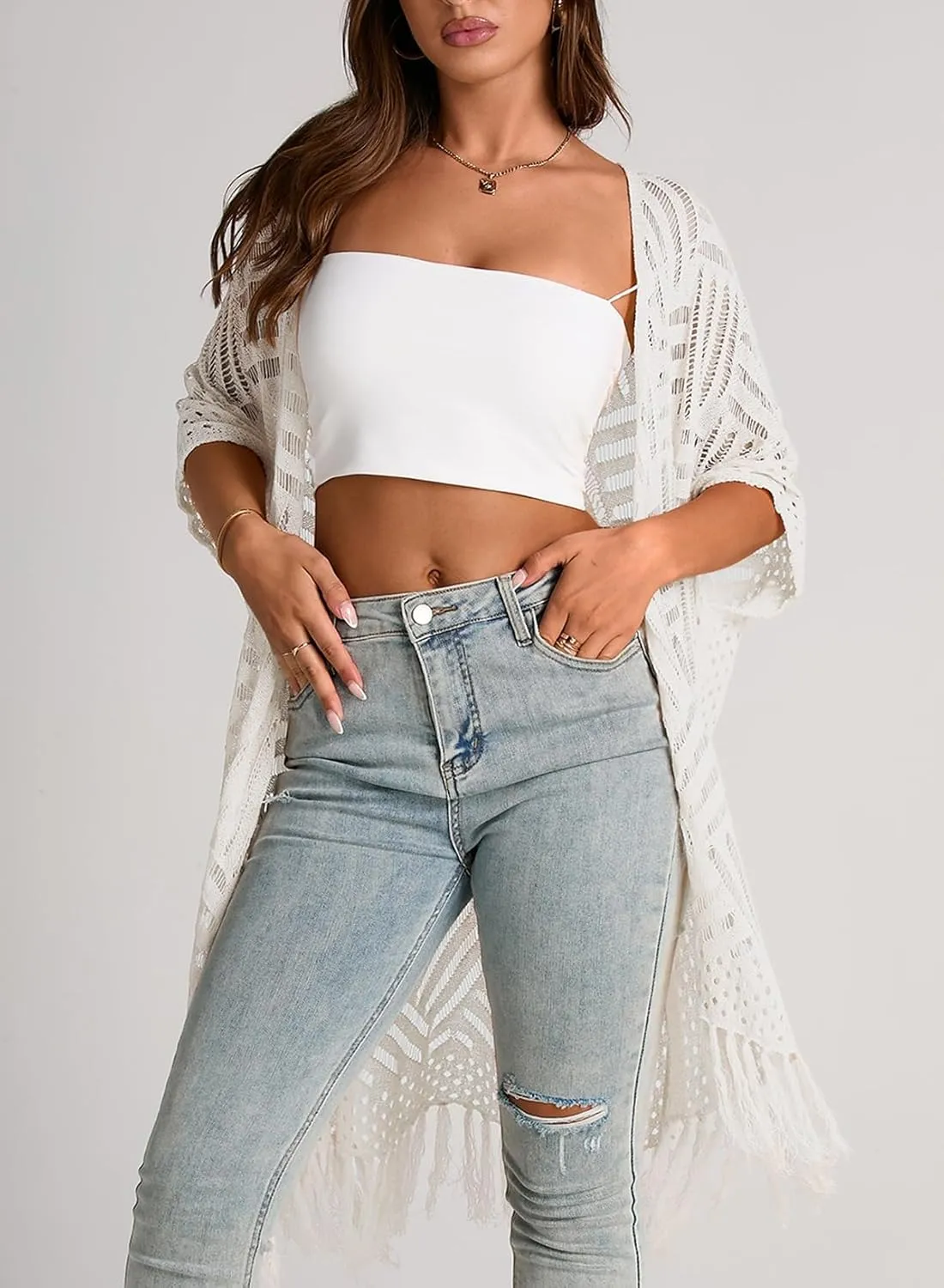 Sidefeel Women's Open Front Knit Sheer Cardigans Summer Boho Lightweight Kimono Cover Ups