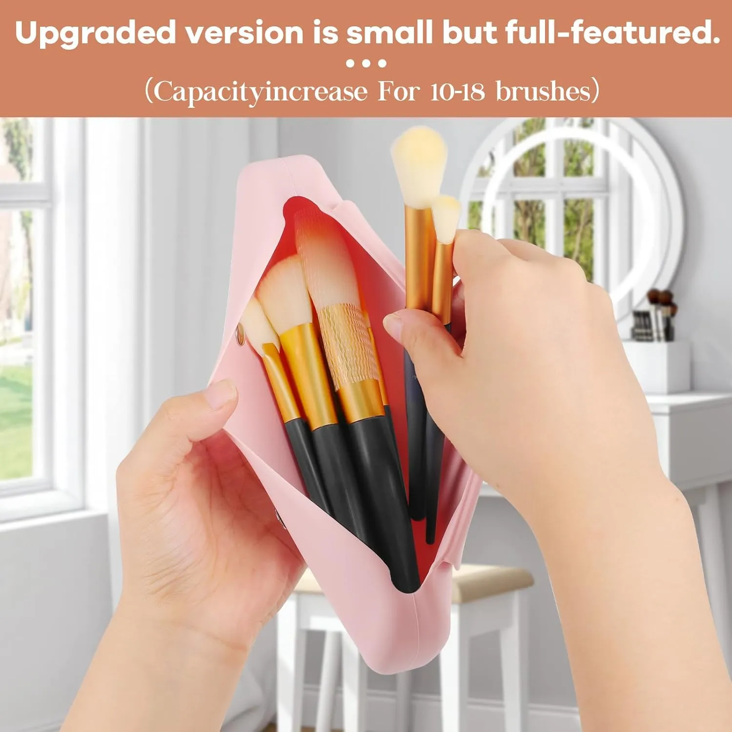 Silicone Makeup Brush Holder Travel Cosmetic BagToiletry OrganizerPortable Cosmetic Organiser with Two Upgraded Anti-fall Off Magnetic Clips-Pink