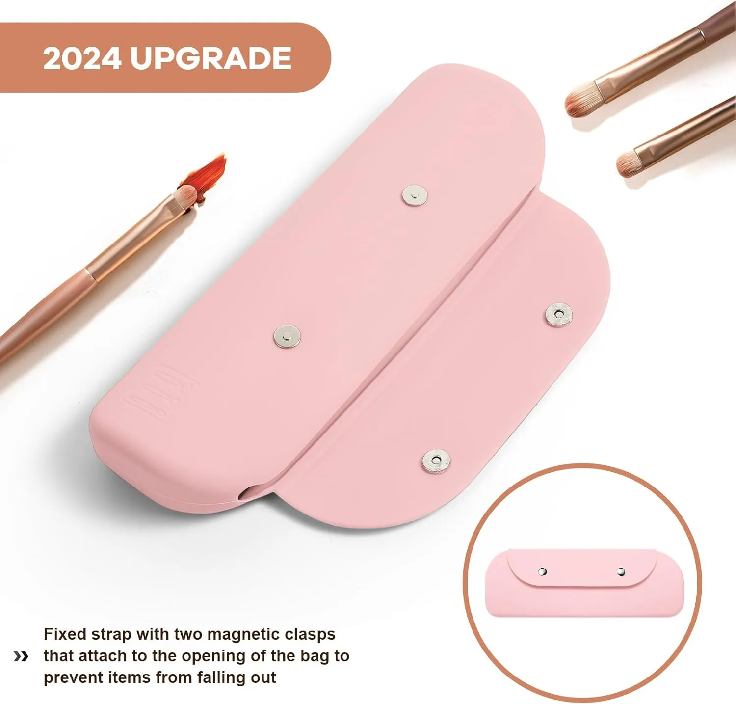 Silicone Makeup Brush Holder Travel Cosmetic BagToiletry OrganizerPortable Cosmetic Organiser with Two Upgraded Anti-fall Off Magnetic Clips-Pink