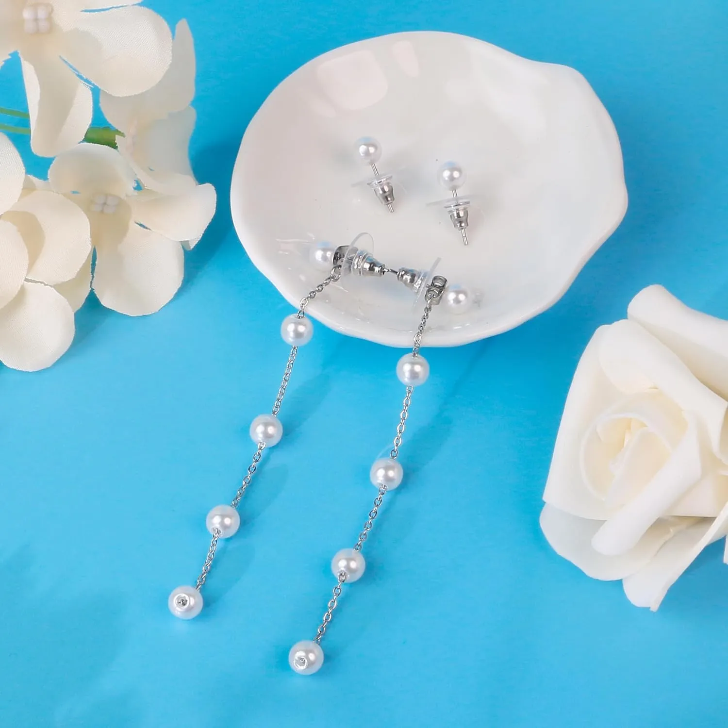 Silver Pearl Drop Earrings, Silver Dangle Earrings for Women 5mm Pearl Long Earrings Boho White Bridal Earrings Silver Statement Earrings for Prom Wedding Jewelry Birthday Gift