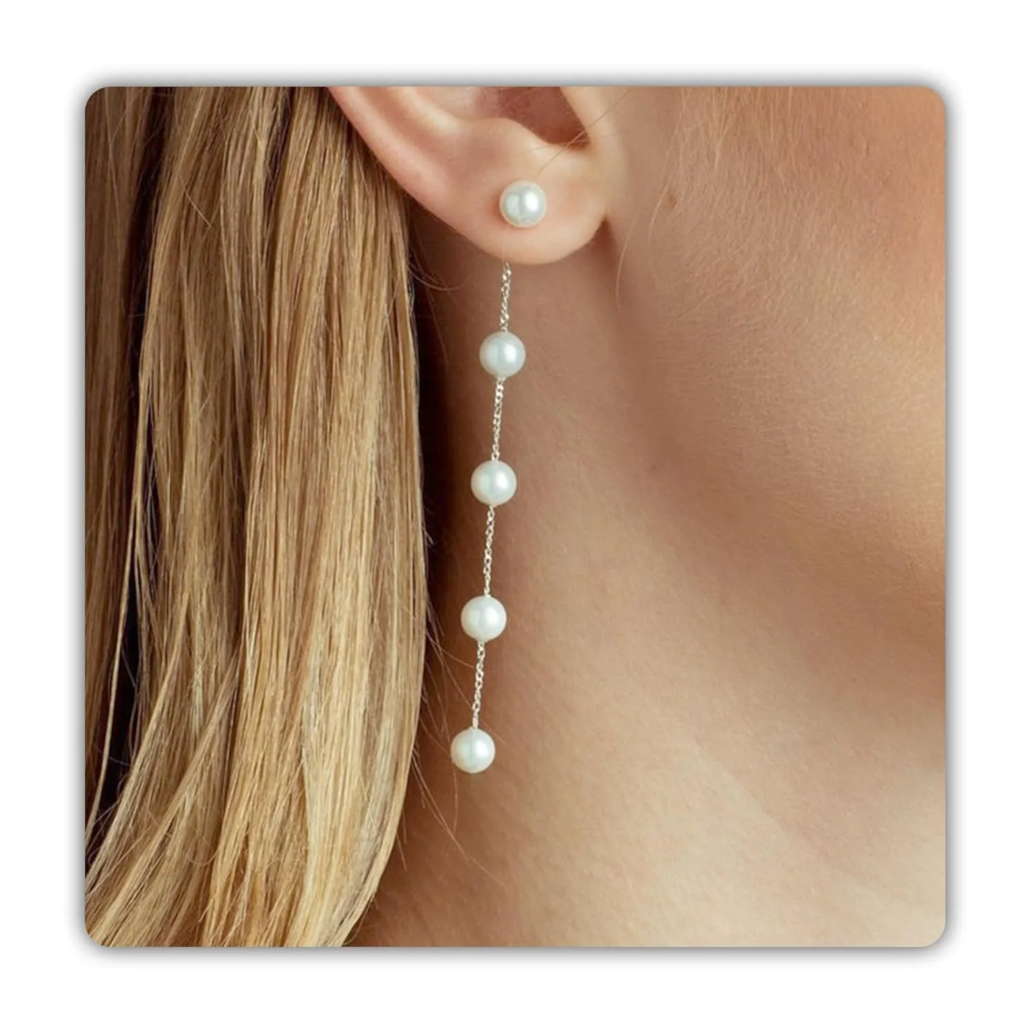 Silver Pearl Drop Earrings, Silver Dangle Earrings for Women 5mm Pearl Long Earrings Boho White Bridal Earrings Silver Statement Earrings for Prom Wedding Jewelry Birthday Gift