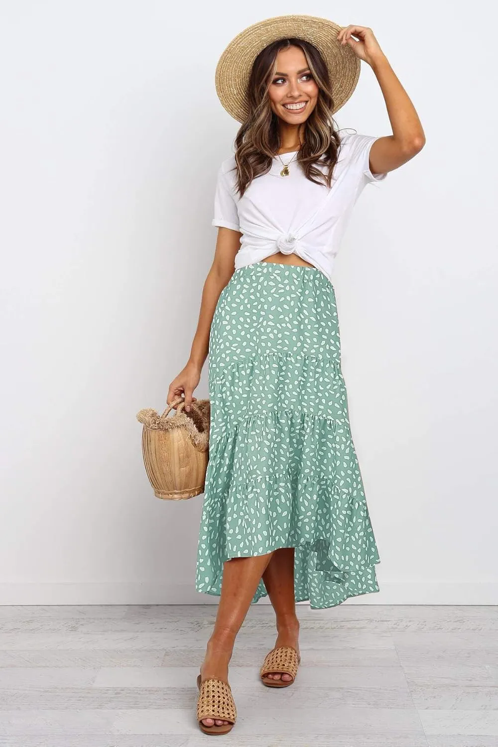 SimpleFun Women's Long Skirts Boho Floral Elastic High Waist Asymmetrical Hem Midi Skirt