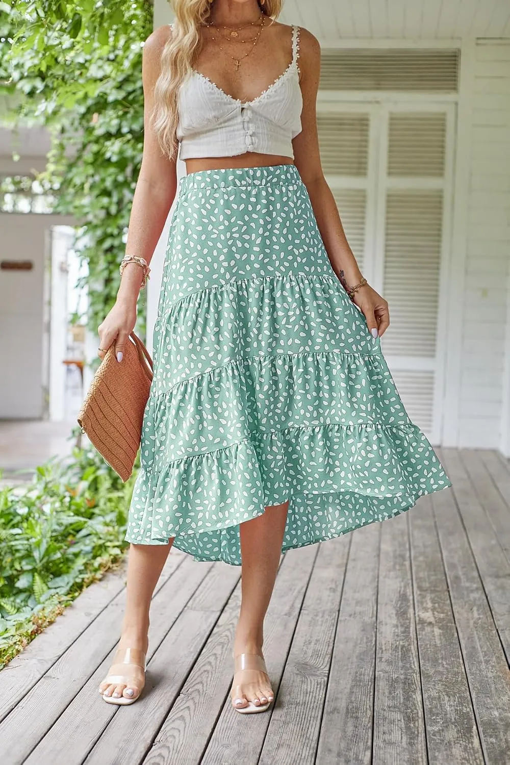 SimpleFun Women's Long Skirts Boho Floral Elastic High Waist Asymmetrical Hem Midi Skirt