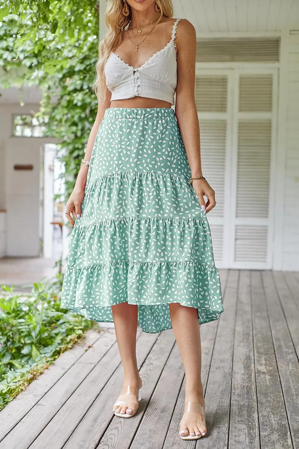 SimpleFun Women's Long Skirts Boho Floral Elastic High Waist Asymmetrical Hem Midi Skirt