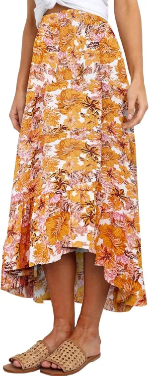 SimpleFun Women's Long Skirts Boho Floral Elastic High Waist Asymmetrical Hem Midi Skirt