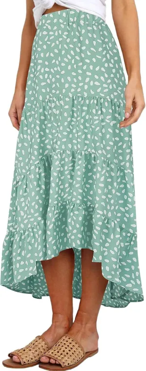 SimpleFun Women's Long Skirts Boho Floral Elastic High Waist Asymmetrical Hem Midi Skirt